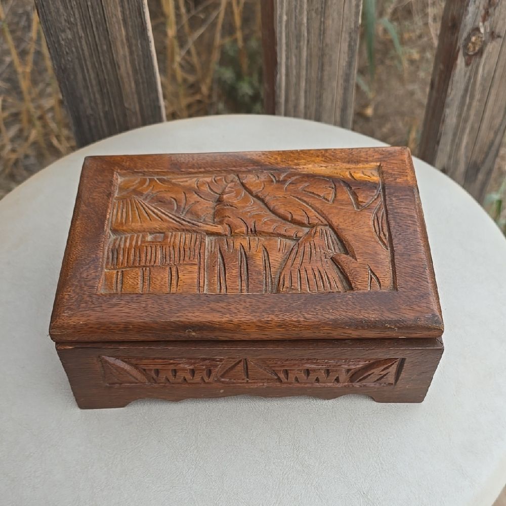 Vintage Hand Carved Wood Jewelry Box Mirror Red Velvet Lined Footed